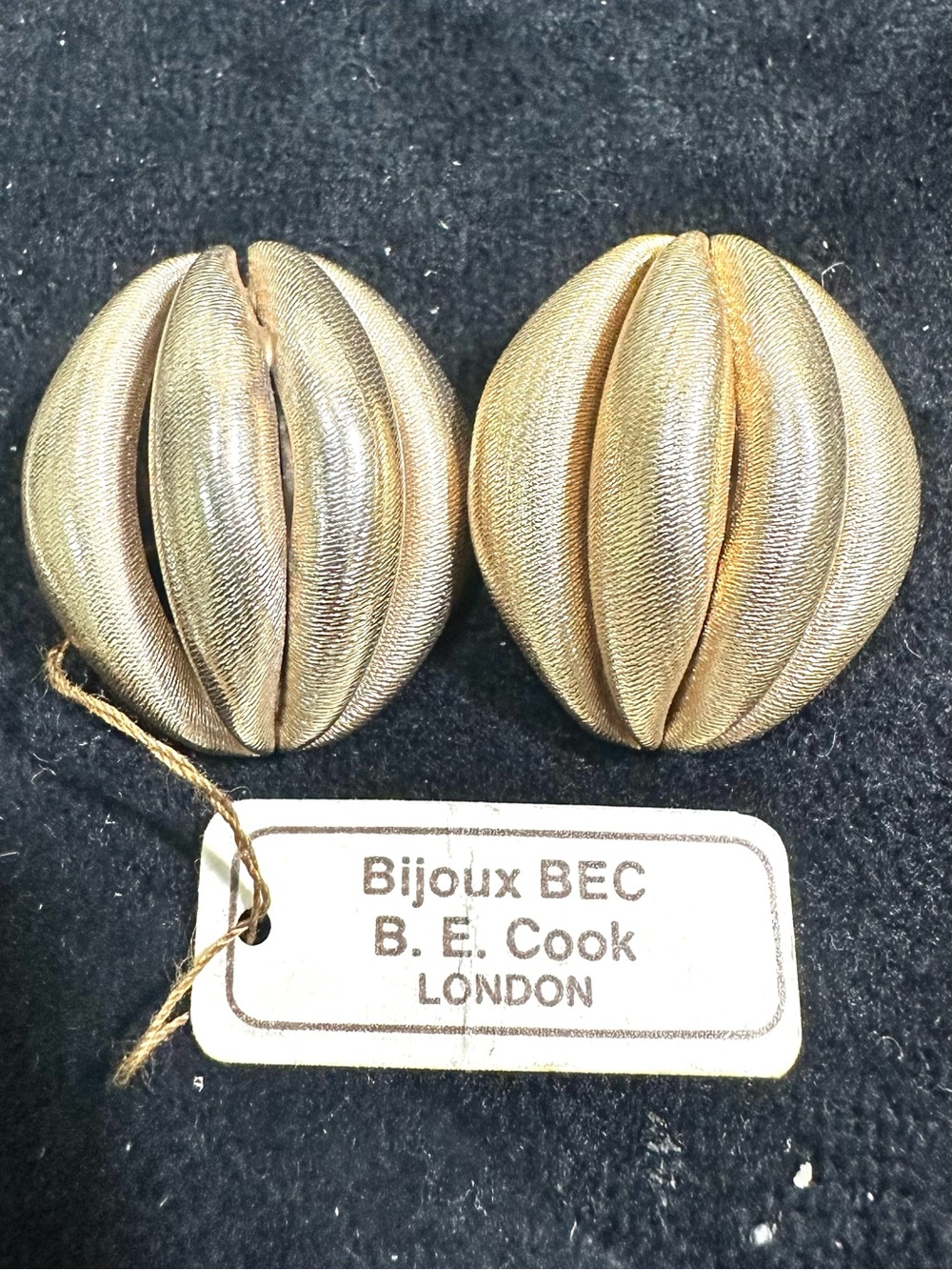 NOS/Vtg B.E. Cook of London Etched Brushed Gold Toned Clip On Earrings
